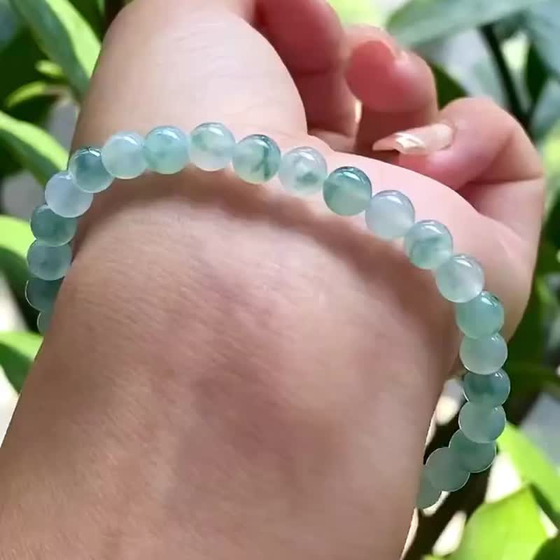 冰种翡翠天然翡翠A玉玉珠玉链手链 • 冰种飘花翡翠手串 - 手链/手环 - 玉石 绿色