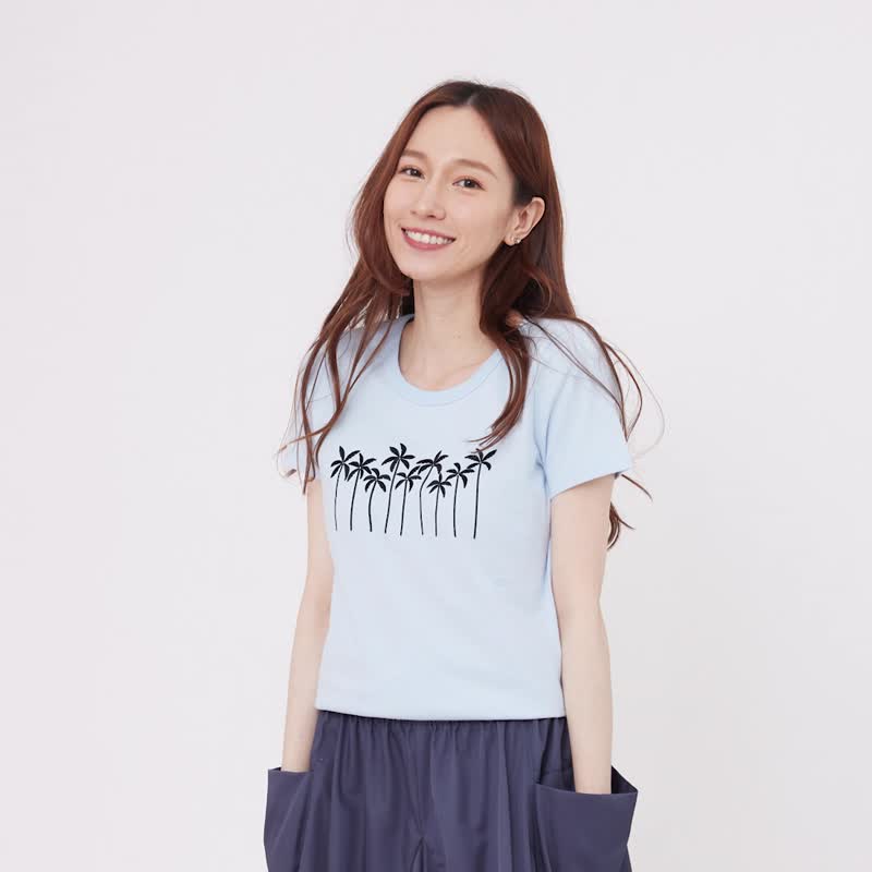 夏日椰林 短袖 蜜桃棉 女T 水藍 - 女装 T 恤 - 棉 蓝色