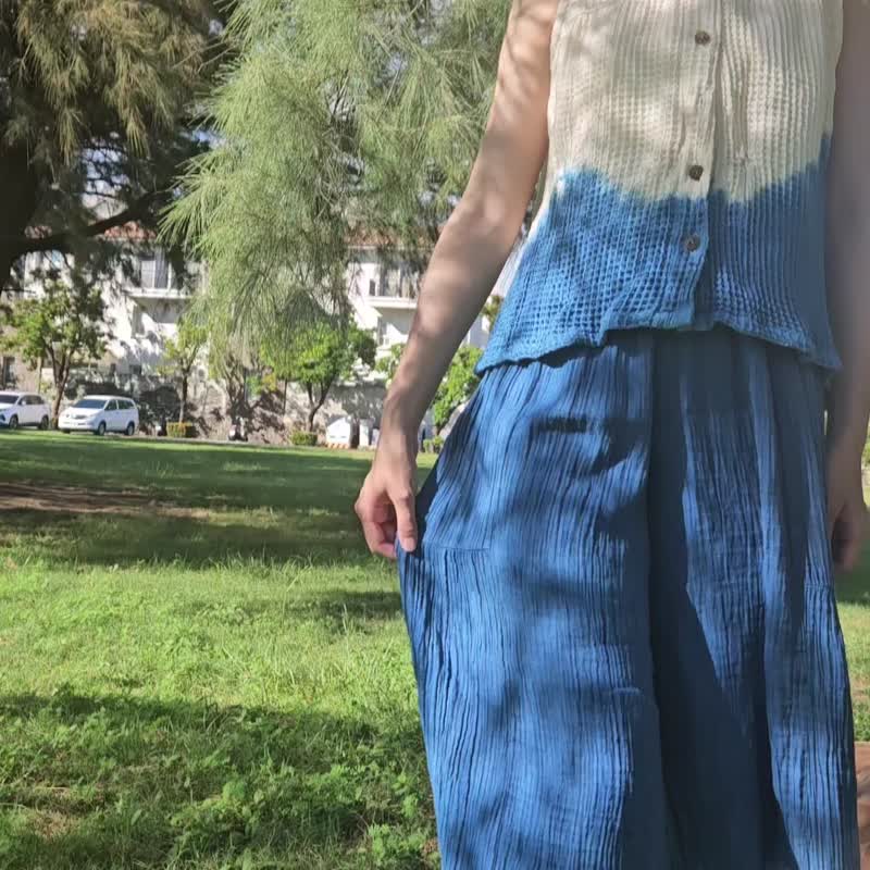 浪花蓝染  自由飘逸感 松紧宽裤裙 - 女装长裤 - 棉．麻 蓝色