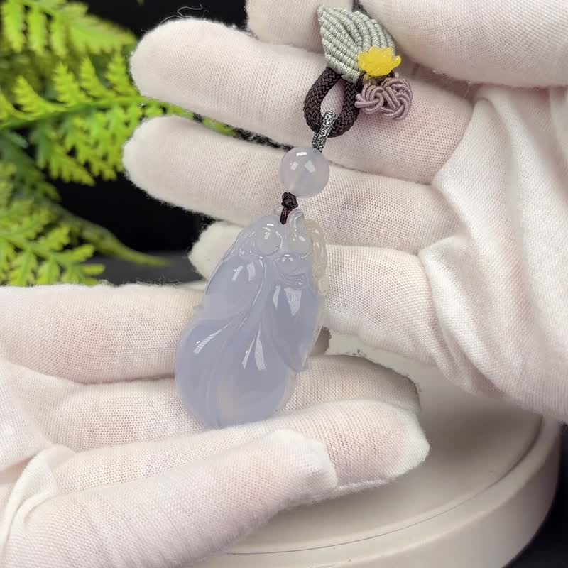 稀有天然蓝玉髓吊坠 老料冰透起光飘雪花 手雕大叶有成 生机兴旺 - 项链 - 半宝石 蓝色