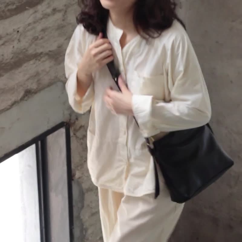 sobag简约质感黑色头层牛皮复古斜跨包女士小众复古文艺单肩皮包 - 侧背包/斜挎包 - 真皮 黑色