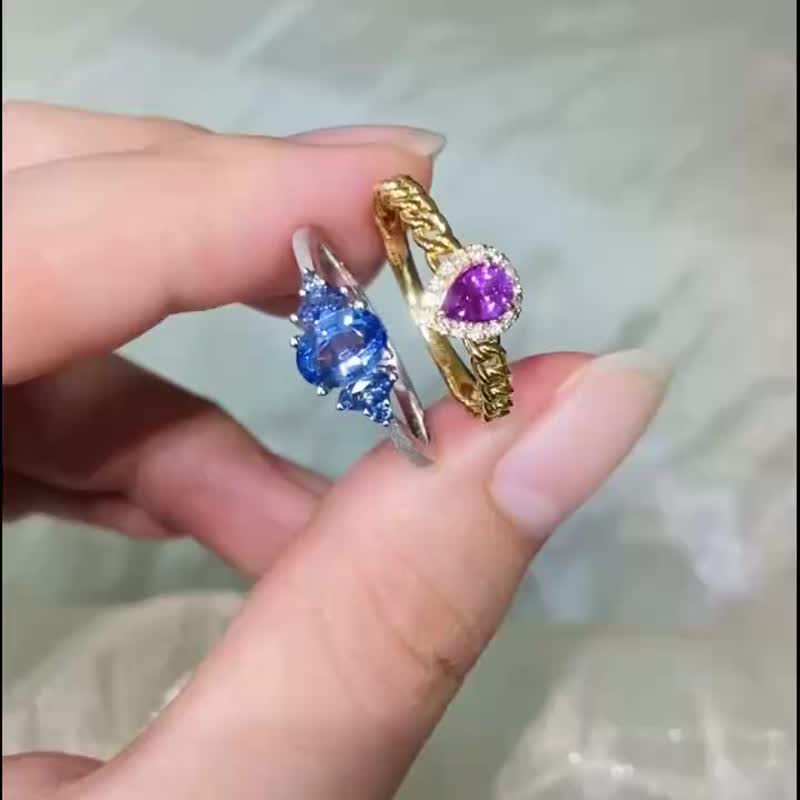 白月光蓝宝石三石彩色刚玉天然宝石18k金彩色蓝宝石戒指 - 戒指 - 宝石 蓝色