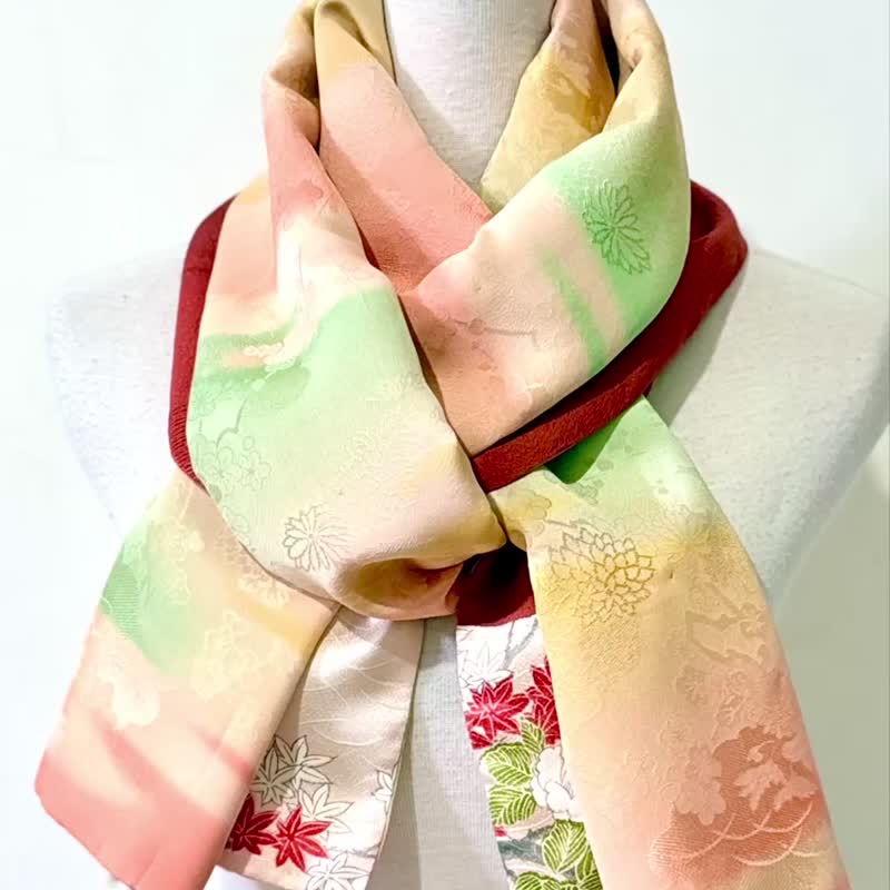 纯手作幻彩粉橘黄绿渐层日式古典云彩丝质撞色拼接花朵围巾披肩 - 围巾/披肩 - 丝．绢 多色