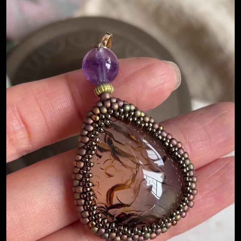 玛瑙x萤石 串珠吊坠 配 宝石链 - 项链 - 水晶 卡其色