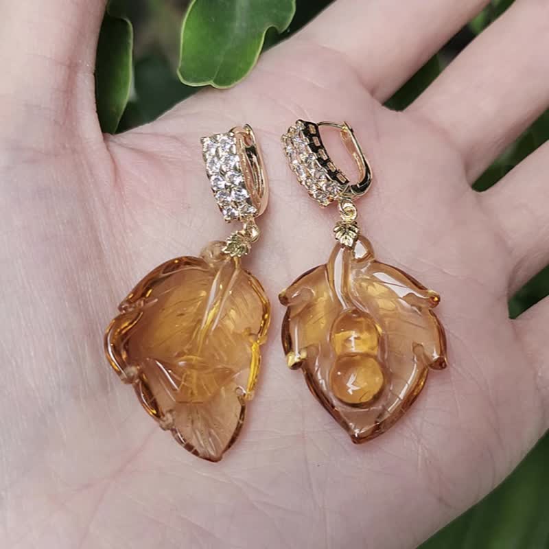 顶级 黄水晶 元宝 葫芦 叶叶致富 招财 不对称设计 耳环 仅此一件 - 耳环/耳夹 - 宝石 金色