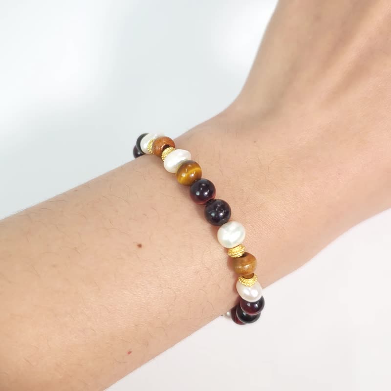 琥珀之喜(珍珠/红虎眼石/虎眼石/黄檀/毕卡索石) - 手链/手环 - 珍珠 金色