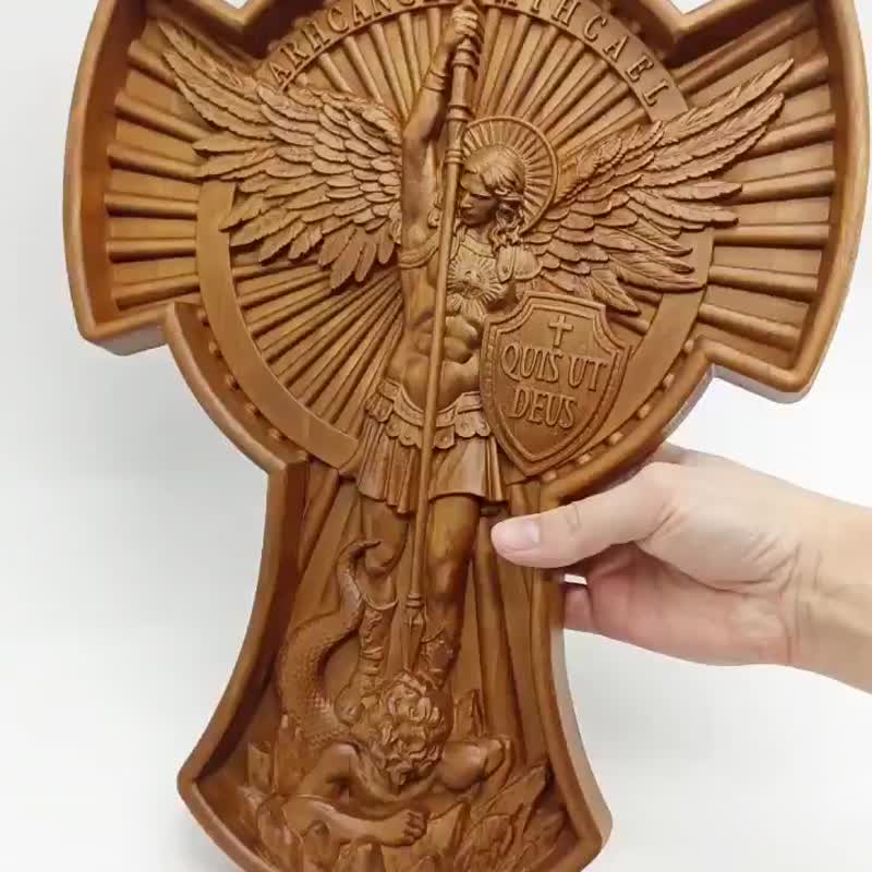 Archangel Michael wooden cross 30*21 cm, Wall Crucifix, Catholic cross Wood - 木工/竹艺/纸艺 - 木头 咖啡色