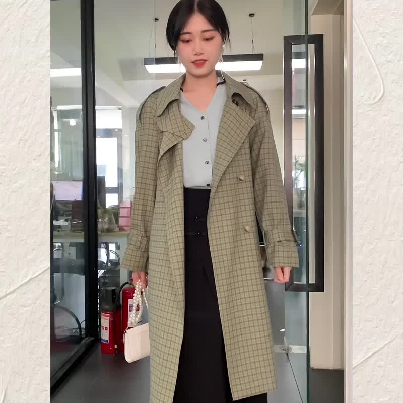 复古收腰绿格子英伦风中长款风衣 - 女装西装外套/风衣 - 其他材质 绿色