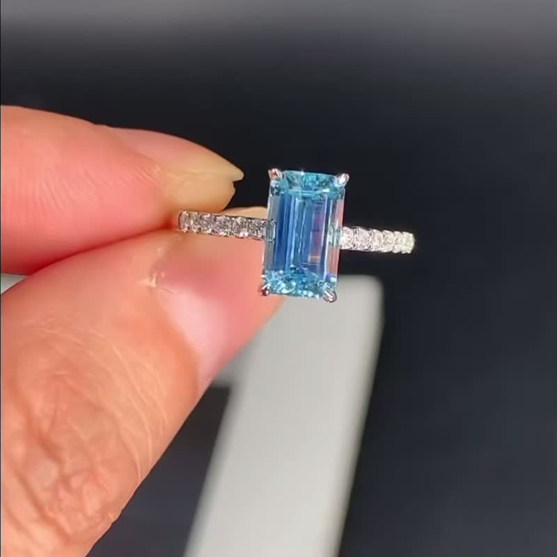 圣玛丽亚海蓝宝石aquamarine祖母绿切割天然石钻石18k金戒指 - 戒指 - 宝石 蓝色