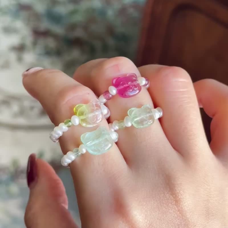 小熊果冻 碧玺小熊珍珠戒指 - 戒指 - 半宝石 多色