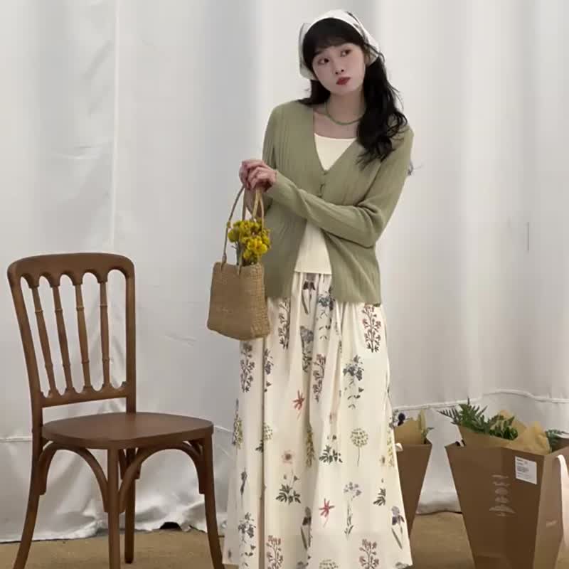 灰綠色 假兩件V領針織衫 坑條顯瘦修身針織上衣 - 女装上衣 - 其他人造纤维 绿色