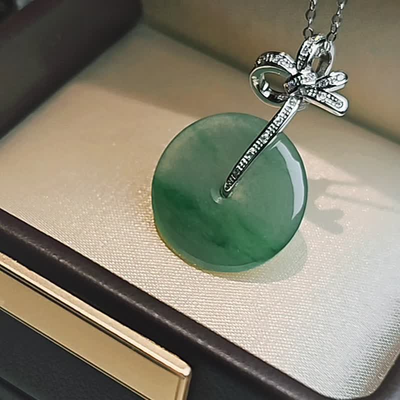 招财•顺利•圆满|冰飘绿花蝴蝶结平安扣|缅甸A翡翠纯银吊坠项链 - 项链 - 玉石 