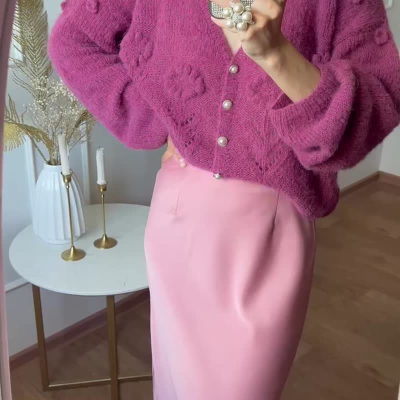 手工编织花朵毛衣 蚕丝开襟外套 女款针织外套 - 女装针织衫/毛衣 - 羊毛 