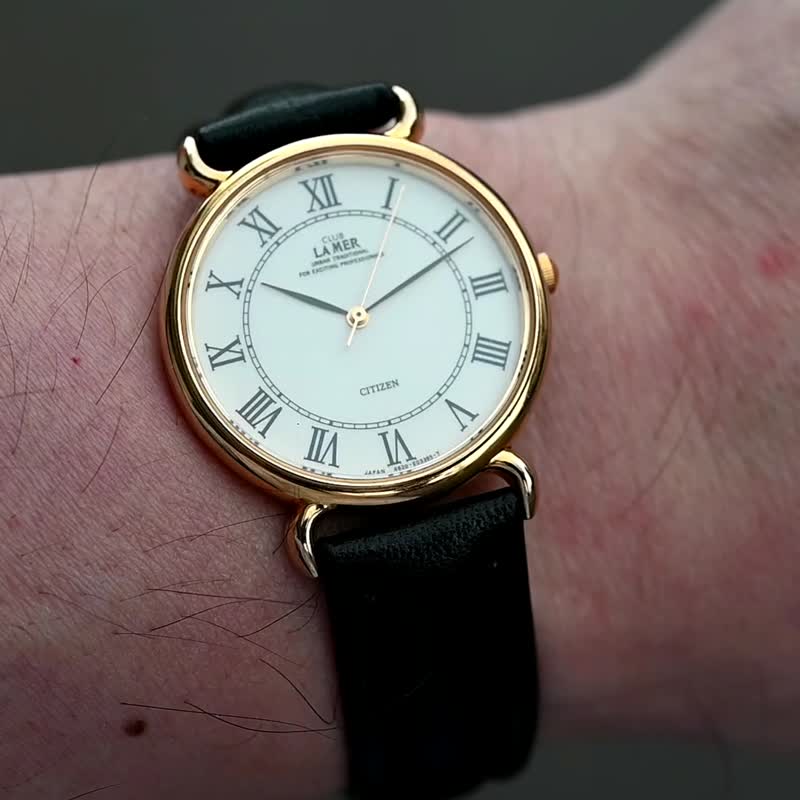 包邮 Citizen Club La Mer 西铁城男士手表石英金罗马数位米色表盘手表古董手表复古手表日本直销 - 男表/中性表 - 不锈钢 