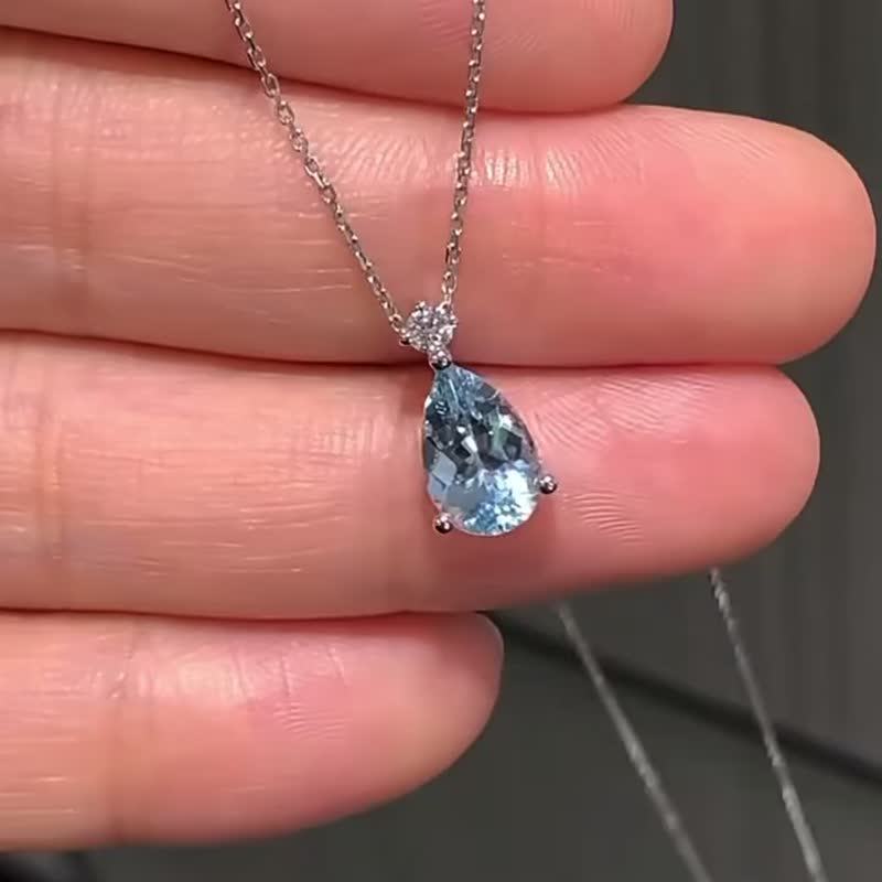 海洋中的一滴水圣玛丽海蓝宝1.49ct培育钻石坠项链18k金 - 项链 - 宝石 蓝色