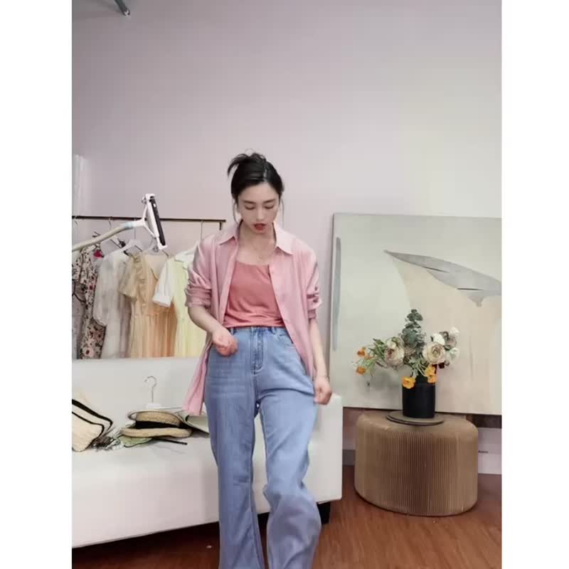 舒适春夏款 美式宽松直筒裤 休闲2024新款女士 牛仔裤显腿直裤子 - 女装长裤 - 其他材质 蓝色