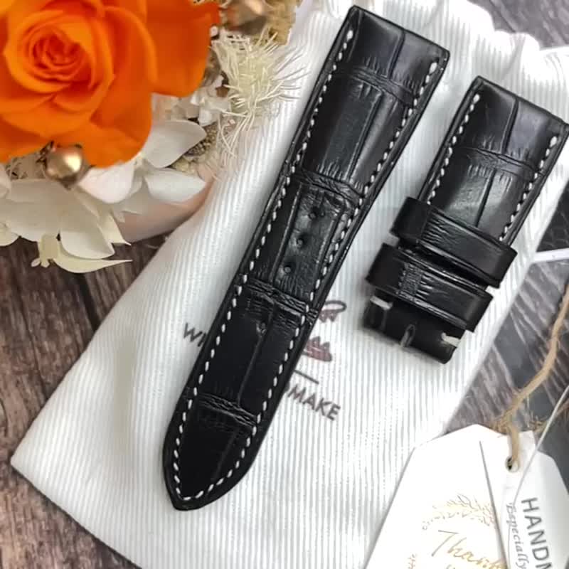 Panerai 款手工订制名表用顶级鳄鱼皮表带 - 表带 - 真皮 黑色