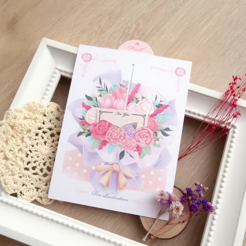 【Pin】花束留言卡 - 拉动机关 母亲节/万用感谢卡 - 卡片/明信片 - 纸 粉红色