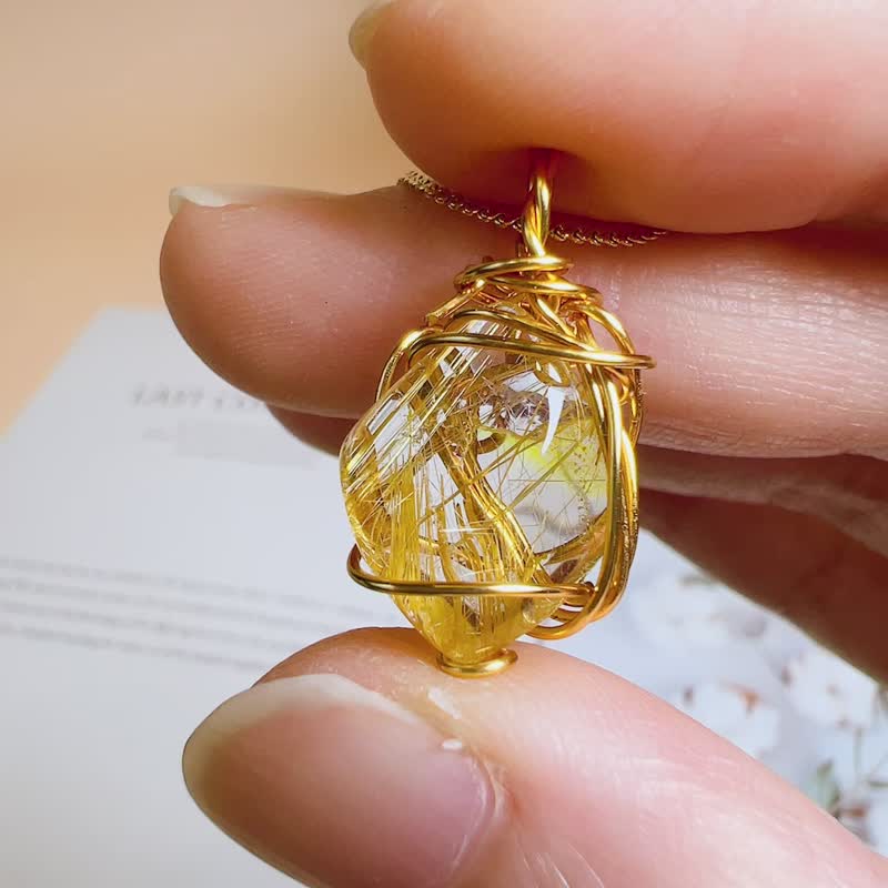 菱叶 钛晶坠链 钛晶  天然石水晶 天然石 金属编织 项链 - 项链 - 水晶 金色