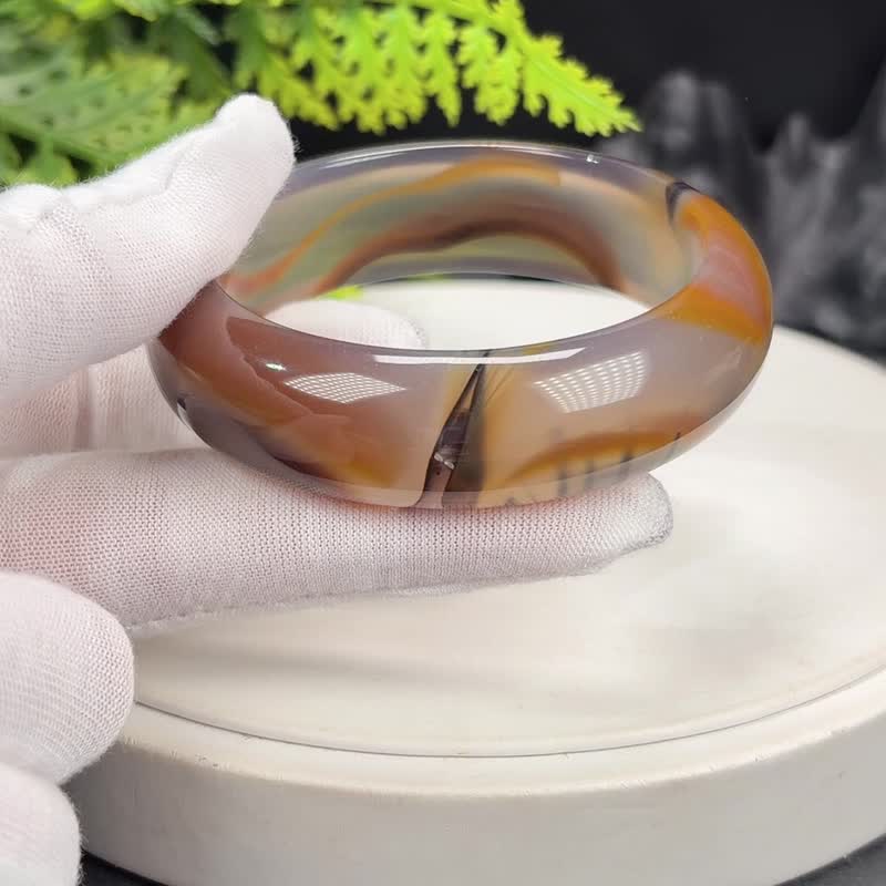 棕褐色 景观玛瑙手镯 55+MM 冰润起光共生晶洞 玉髓手环 鸿运招财 - 手链/手环 - 半宝石 