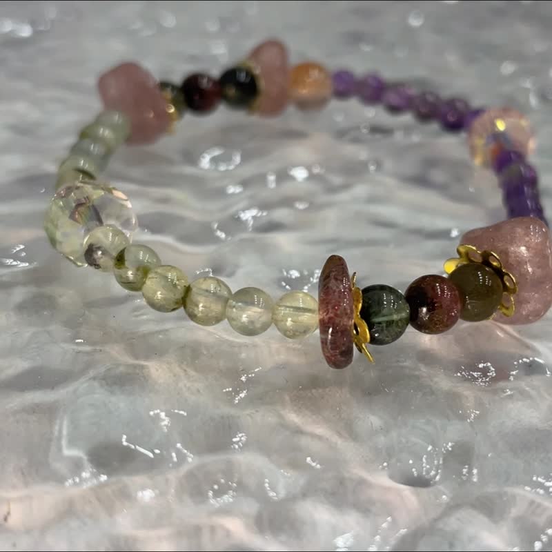 黑金超 碧玺 葡萄石 天然水晶 日本手作 礼物 能量石手链 桃花运 - 手链/手环 - 水晶 多色