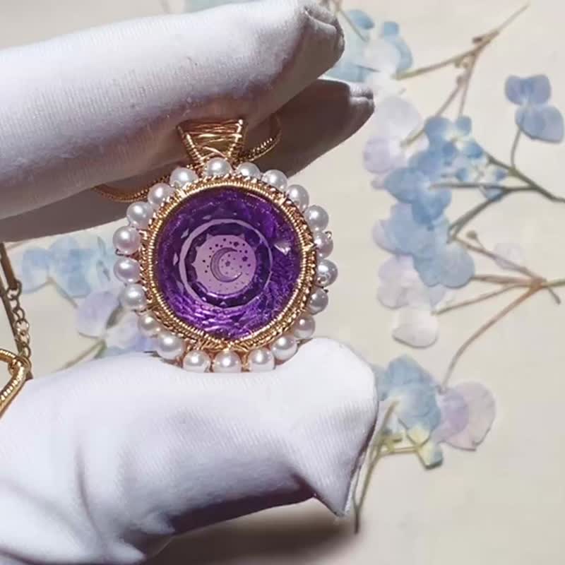 纯手工制作进口14K包金绕线紫水晶星星月亮出口雕刻版珍珠吊坠项 - 项链 - 宝石 多色