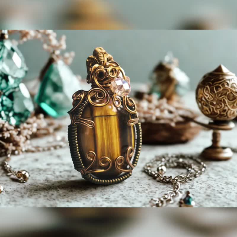 森息之瞳・虎眼石金属编织项链 坠饰 - 项链 - 半宝石 咖啡色