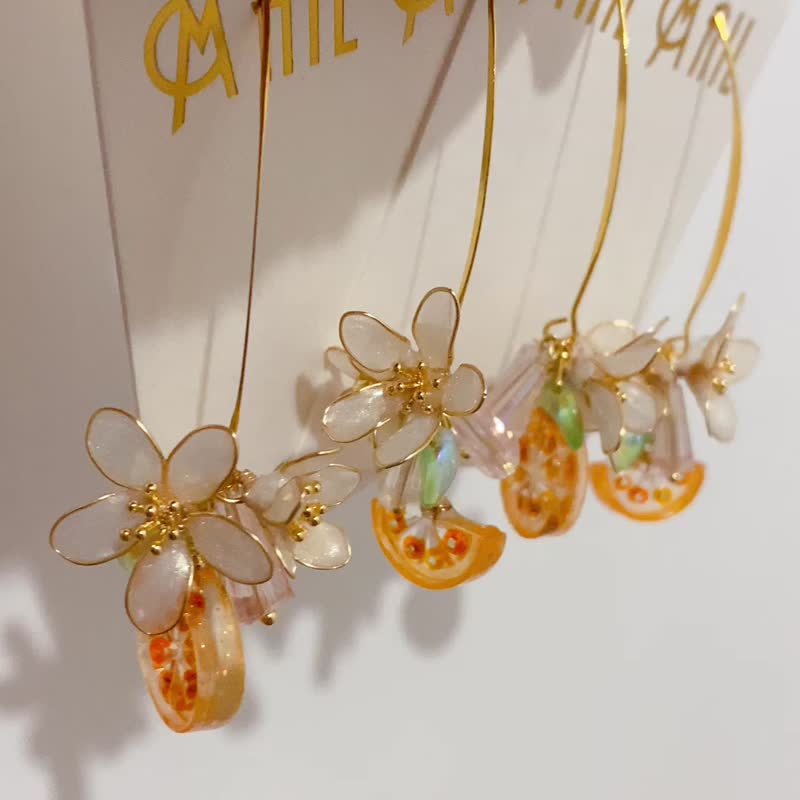 美国铜线花橙片、耳鈎 - 耳环/耳夹 - 树脂 橘色