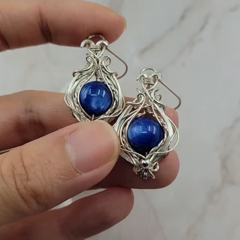 重工 古典 手工绕线 蓝晶 999纯银 耳环 - 耳环/耳夹 - 纯银 