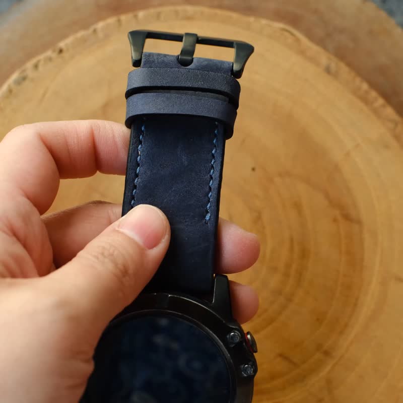 疯马牛皮海军蓝表带，搭配 Quickfit Garmin 接头 - 表带 - 真皮 蓝色