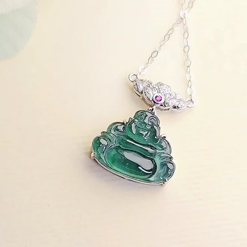 收藏级别|18k老蓝水佛|缅甸A货翡翠高冰玻璃樽蓝水佛真金真钻项链 - 项链 - 玉石 