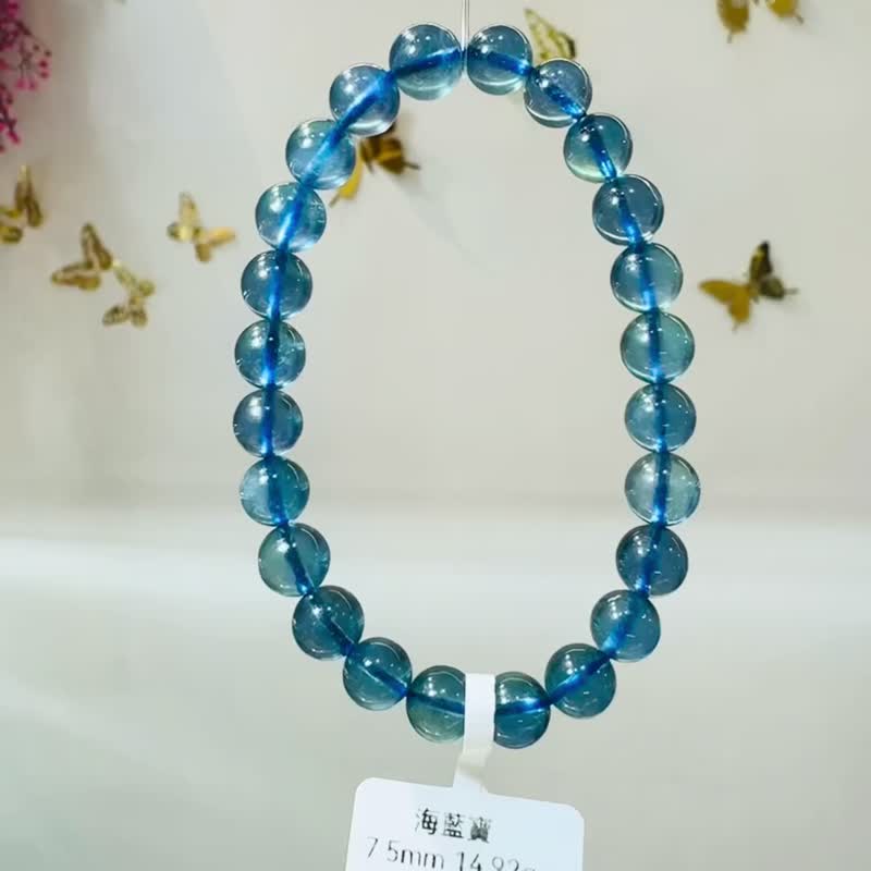 精品浓色海蓝海蓝宝水晶7.5mm14.92g平衡情绪减缓压力沟通说服力 - 手链/手环 - 水晶 蓝色