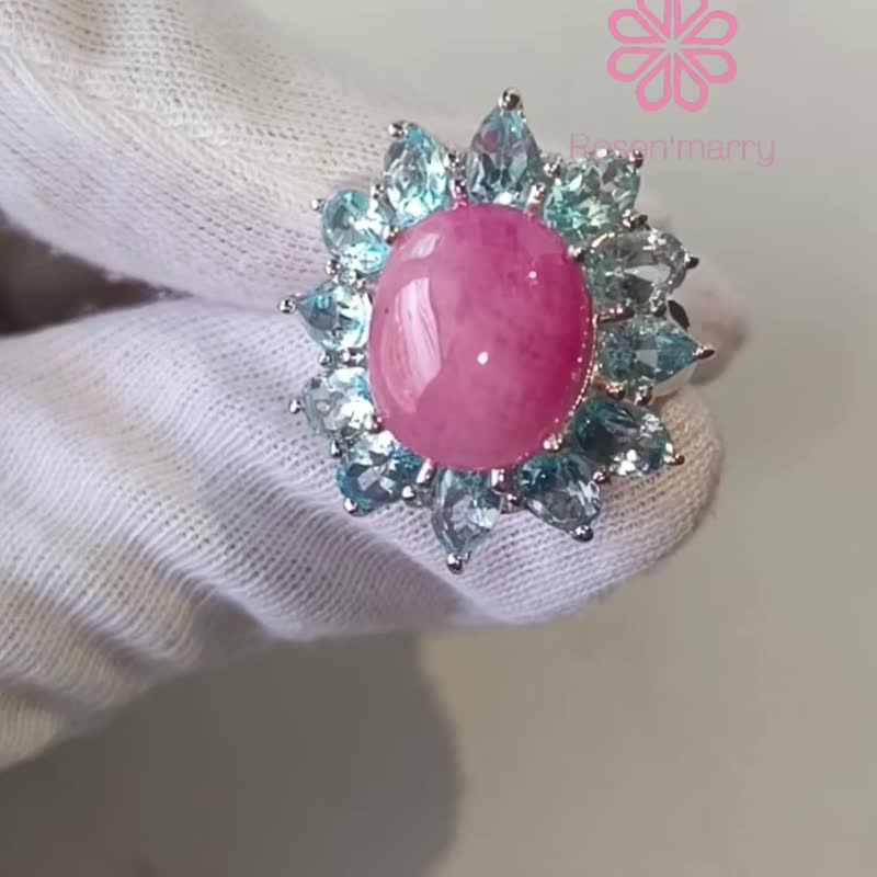 30克拉天然托帕石围绕红宝石戒指，925纯银镀铂金，尺寸57 - 戒指 - 纯银 粉红色