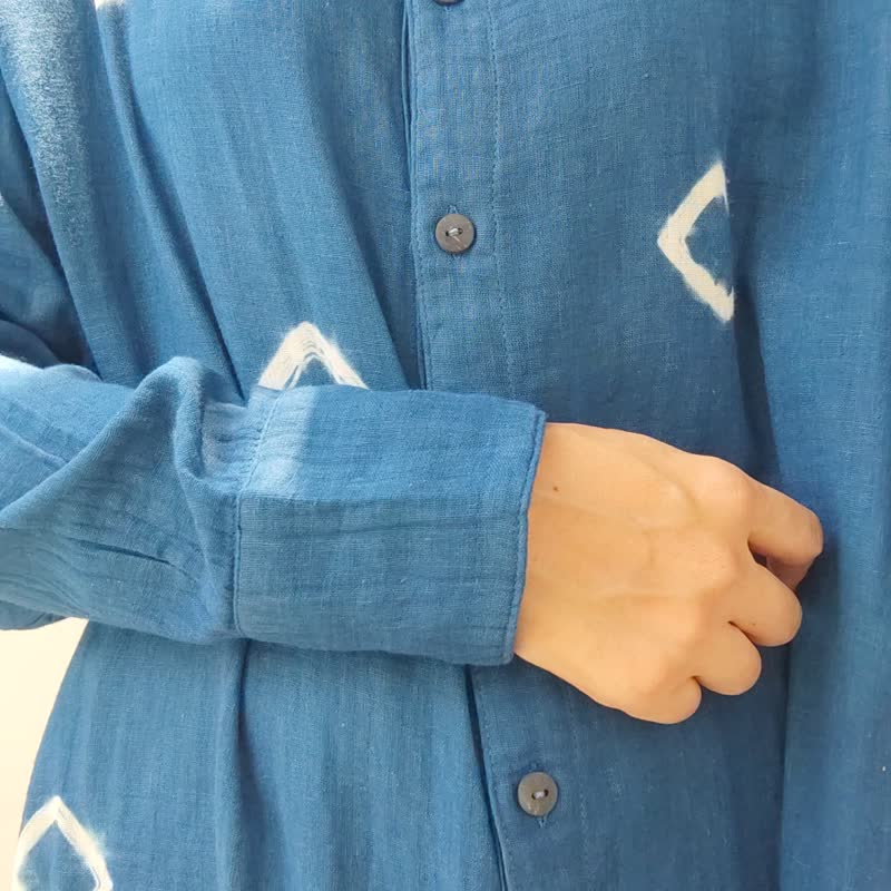 Long Shirt -  圆领长袖夏季靛蓝扎染衬衫 - 女装上衣 - 棉 蓝色