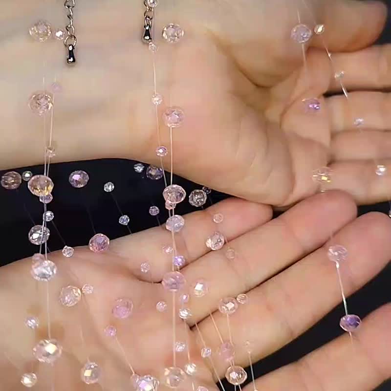 水晶串珠颈链，适合女性。婚礼配件。颈链 - 项链 - 琉璃 粉红色