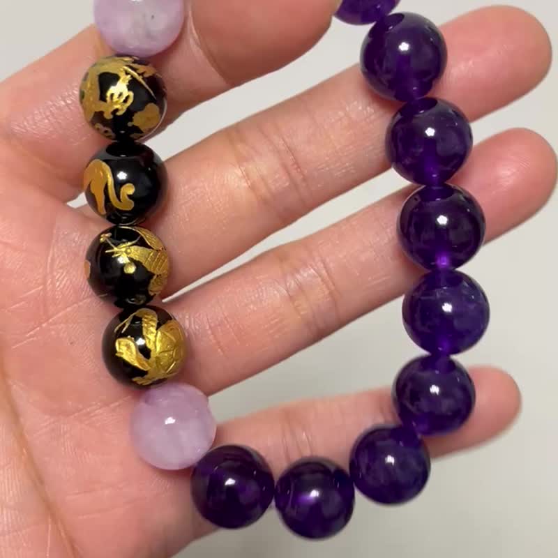 日本人气 金雕四神兽黑玛瑙 x 紫水晶 紫锂辉 五行手串 火属性12m - 手链/手环 - 半宝石 紫色
