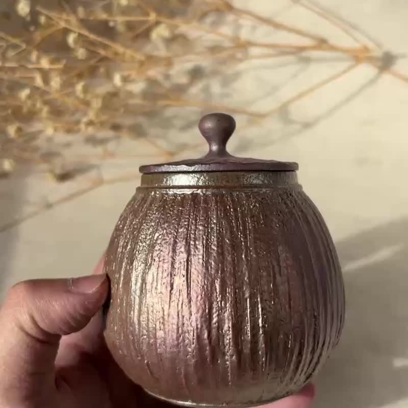 柴烧木纹小茶罐-A - 茶具/茶杯 - 陶 红色