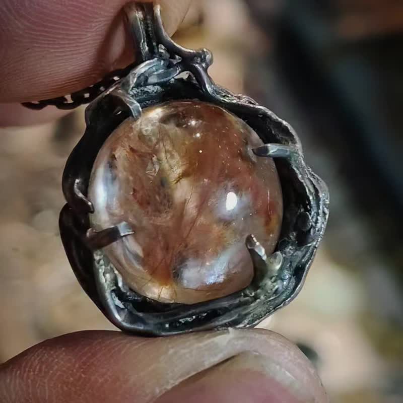 三色异象兔毛水晶银吊墬 - 项链 - 宝石 红色