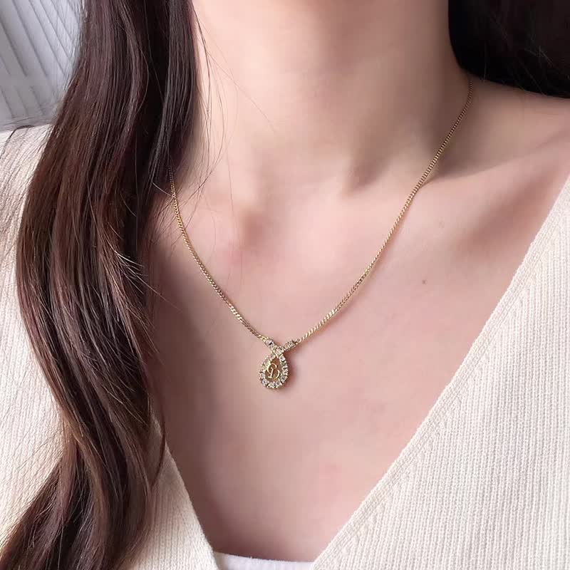 中古正品 Christian Dior 水滴莱茵石镀金项链 颈链 情人节 送礼 - 项链 - 其他金属 金色