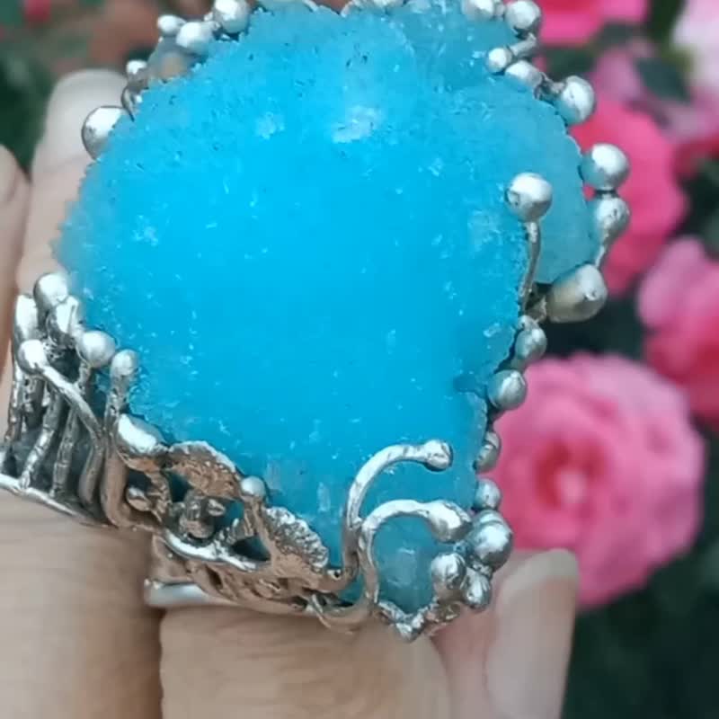 蓝霰石原矿手工银戒纯银戒指~**Sky**Blue Aragonite Silver Ring - 戒指 - 纯银 