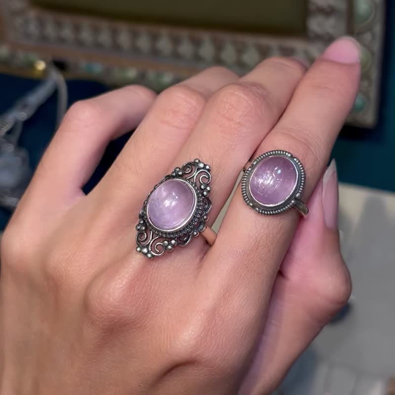 喜迎瑶 925银 紫锂辉 天然石 活口戒指 戒指 民族风 嬉皮 复古风 - 戒指 - 水晶 银色