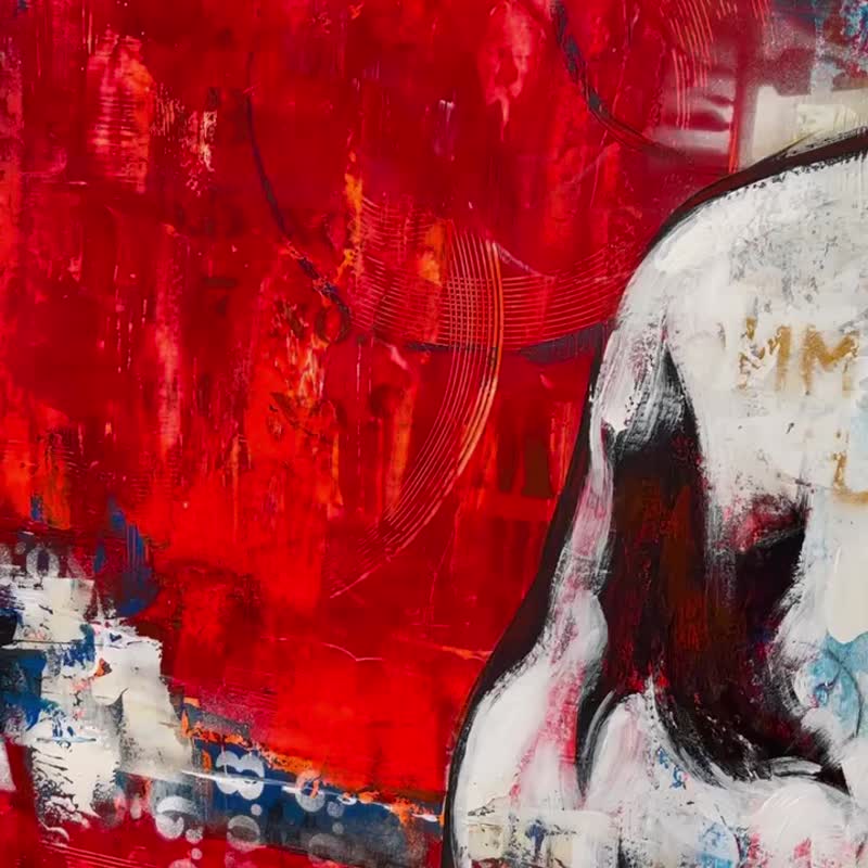 红色和蓝色墙壁艺术装饰画布上的抽象公牛绘画原始动物 - 墙贴/壁贴 - 压克力 多色