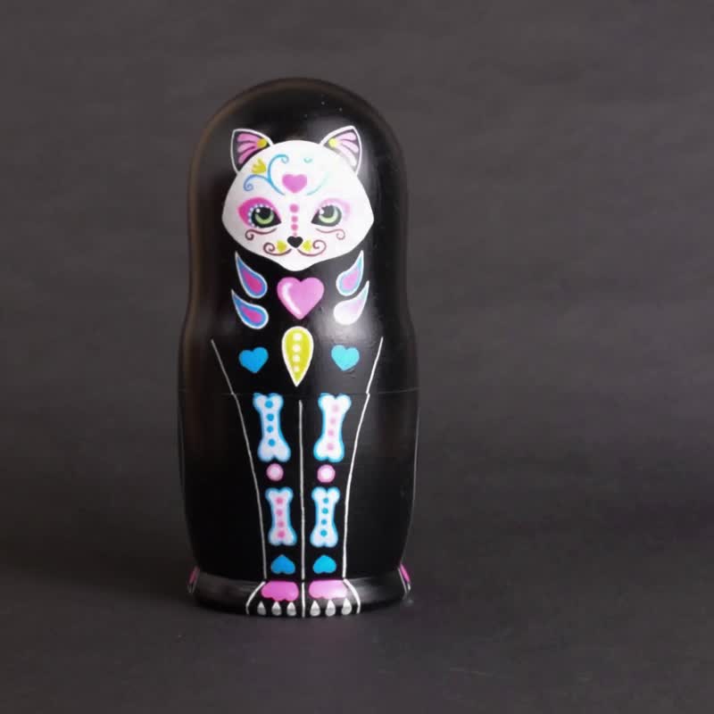 Sugar Skull Cat Nesting Dolls, Wooden Matryoshka Babushka, Calavera, Home Decor - 玩具/玩偶 - 木头 黑色