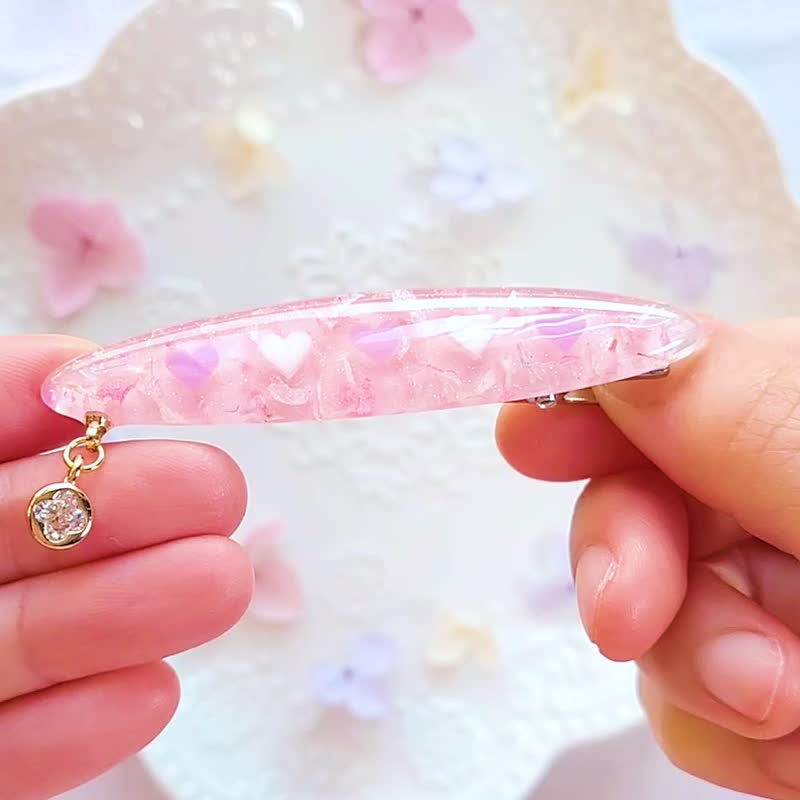 花瓣爱心闪石吊坠发夹 粉红 紫色 干燥花 - 发饰 - 树脂 粉红色