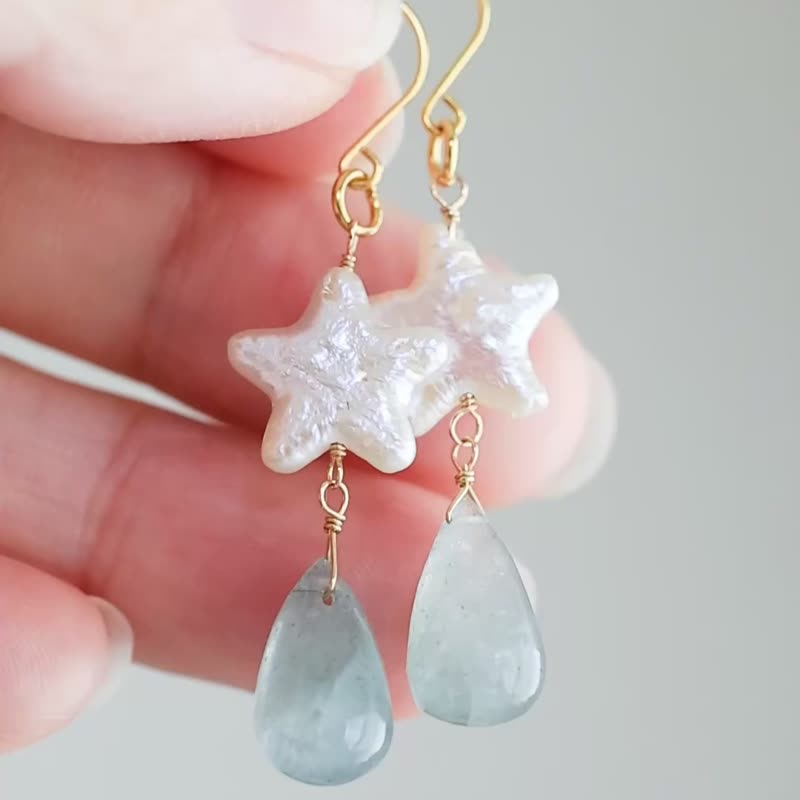 灰姑娘海蓝宝石与星星珍珠耳环 摇曳水滴切割 日本手工饰品 - 耳环/耳夹 - 石头 白色