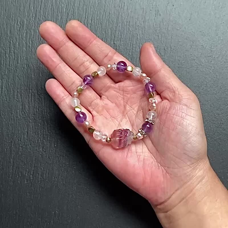 紫水晶 蓝针白水晶 淡水珍珠 渐层萤石龙龟黄铜手链 定制化礼物 - 手链/手环 - 水晶 多色