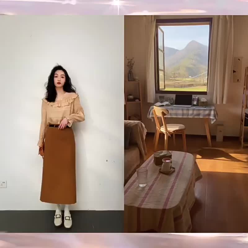 少量现货 正反两穿荷叶边橘色衬衣中长款半裙洋装 - 女装衬衫 - 聚酯纤维 橘色