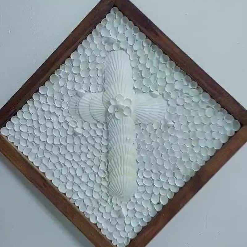 手工 3D 贝壳墙面艺术 白色贝壳浮雕 木质画框 - 墙贴/壁贴 - 木头 白色