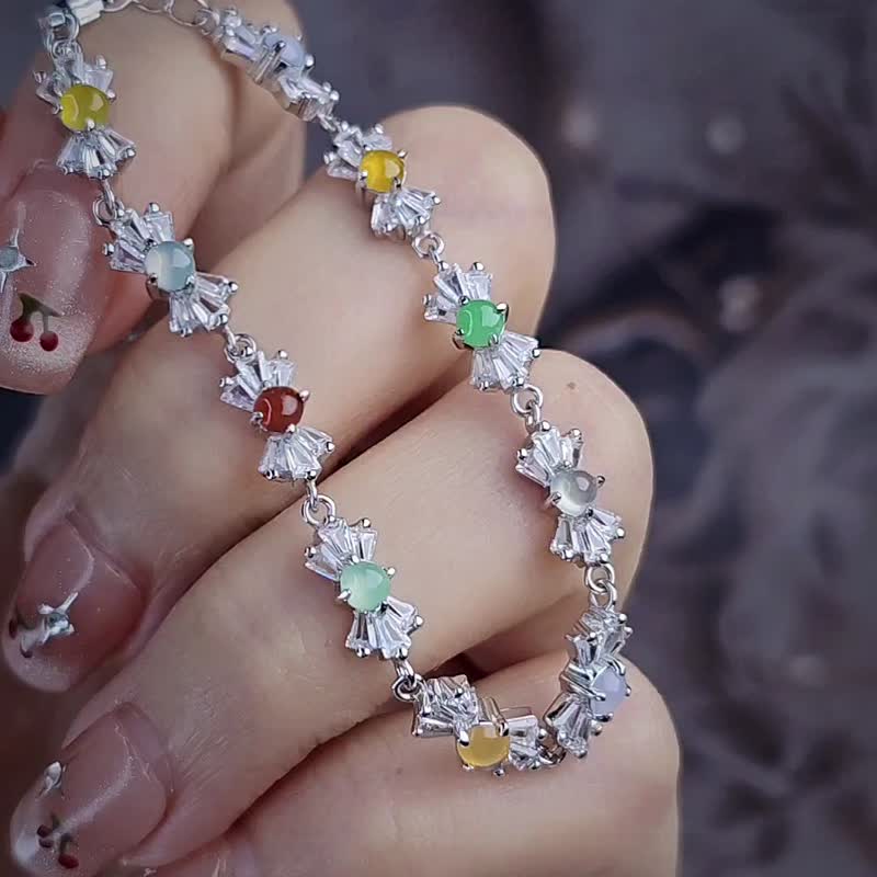 转好运•补五行|梦幻马卡龙彩虹多宝|缅甸翡翠纯银蝴蝶结手链 - 手链/手环 - 玉石 