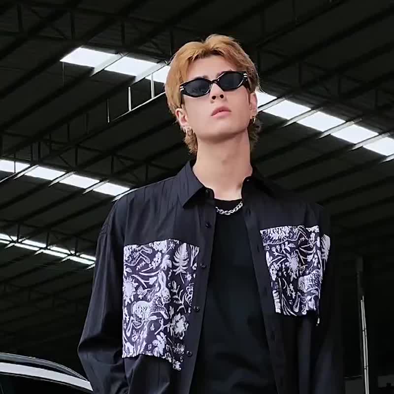 拼接长袖衬衫 黑色休闲男士上衣 - 男装衬衫 - 聚酯纤维 